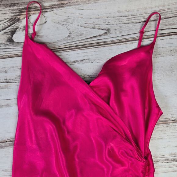 Zara Fuchsia Pink Satin Spaghetti Strap Dress sz XL - Picture 2 of 5